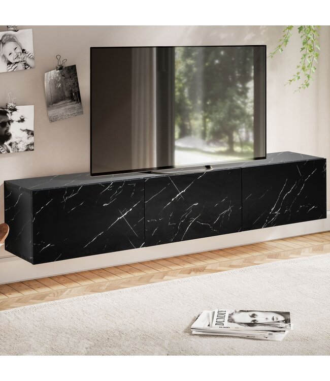 Wohnling Lowboard hangend marmerlook zwart 160x30x30 cm tv-meubel, design tv-tafel met vouwdeuren modern, tv-kastwand, tv-ladekast tv-ladekast om op te hangen
