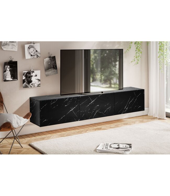 Wohnling Lowboard hangend marmerlook zwart 160x30x30 cm tv-meubel, design tv-tafel met vouwdeuren modern, tv-kastwand, tv-ladekast tv-ladekast om op te hangen