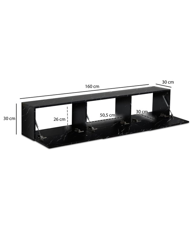 Wohnling Lowboard hangend marmerlook zwart 160x30x30 cm tv-meubel, design tv-tafel met vouwdeuren modern, tv-kastwand, tv-ladekast tv-ladekast om op te hangen