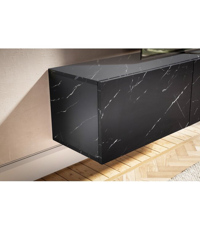 Wohnling Lowboard hangend marmerlook zwart 160x30x30 cm tv-meubel, design tv-tafel met vouwdeuren modern, tv-kastwand, tv-ladekast tv-ladekast om op te hangen