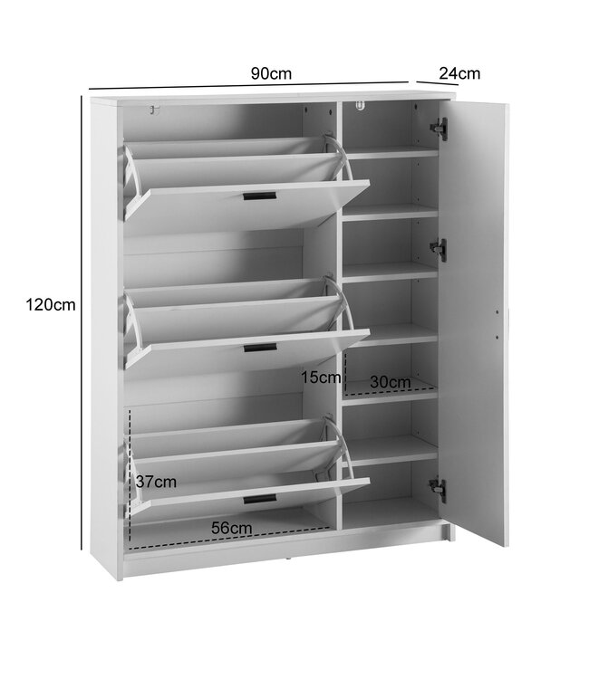 Wohnling Schoenenkast Wit 90x120x24 cm Schoenenrek Gesloten, Schoenenkist Modern, Halkast met Plank, Schoenenopberger Halkist voor Schoenen Hoog