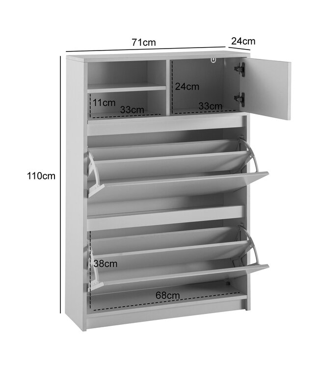 Wohnling Schoenenkast Wit 71x110x24 cm Schoenenrek Gesloten, Schoenenkist Modern, Halkast met Plank, Schoenenopberger Halkist voor Schoenen Hoog