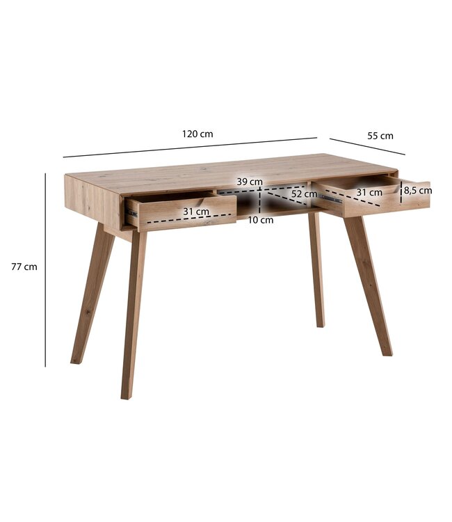 Wohnling bureau 120x55x77 cm eiken decor met opbergruimte, Scandinavisch design kantoortafel met laden, thuiskantoor laptoptafel computertafel studeerkamer met massief houten poten