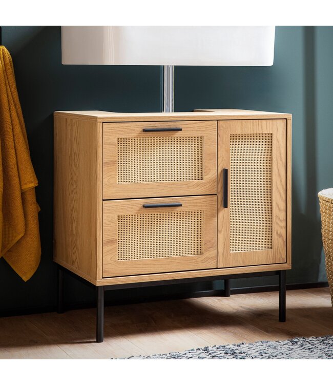 Wohnling wastafelonderkast eiken look 60x60x40 cm met deur en laden, badkamerkast met rotanweefsel, staande onderkast, badkamerkast midikast kleine wastafel