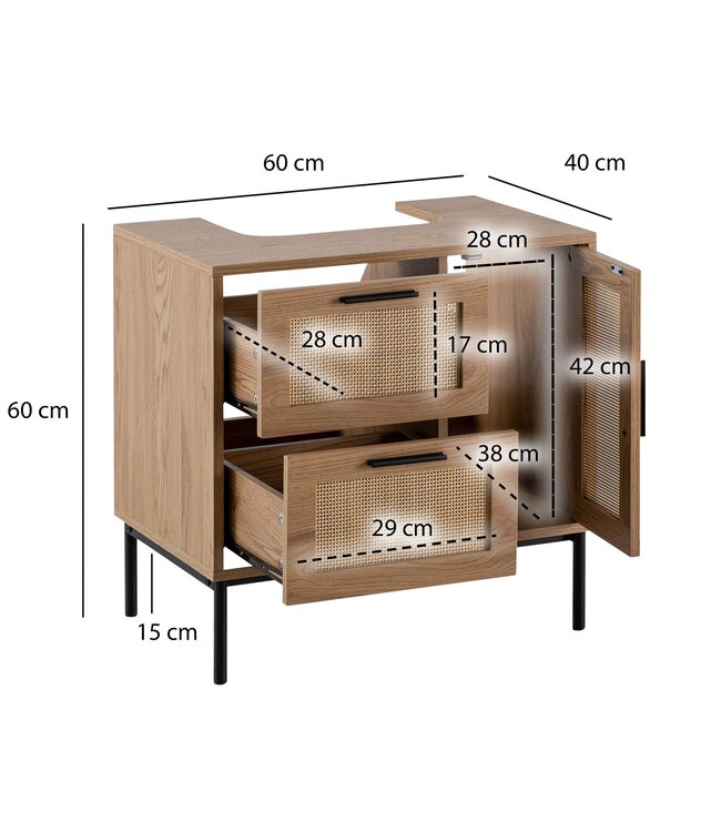 Wohnling wastafelonderkast eiken look 60x60x40 cm met deur en laden, badkamerkast met rotanweefsel, staande onderkast, badkamerkast midikast kleine wastafel