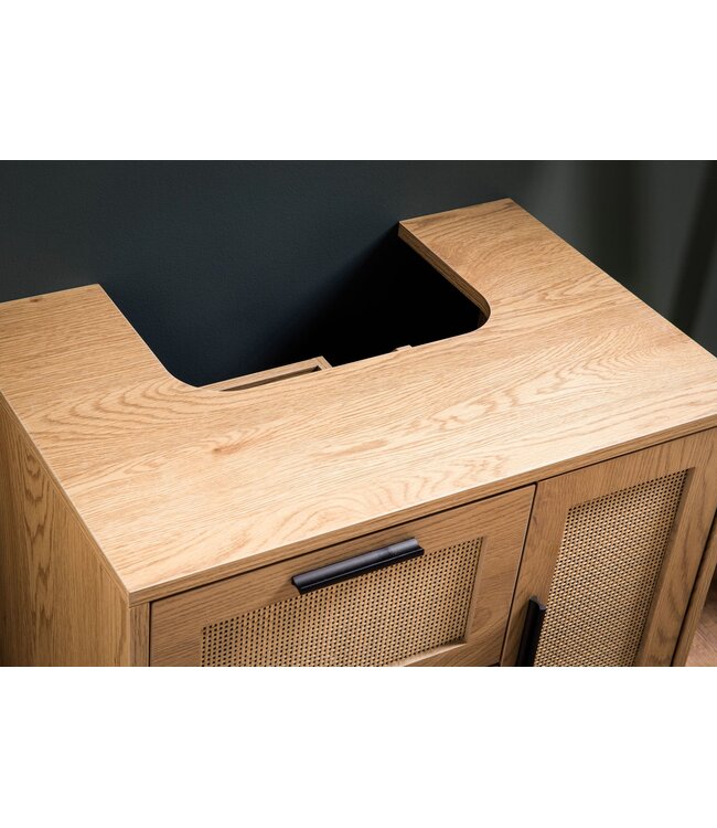 Wohnling wastafelonderkast eiken look 60x60x40 cm met deur en laden, badkamerkast met rotanweefsel, staande onderkast, badkamerkast midikast kleine wastafel