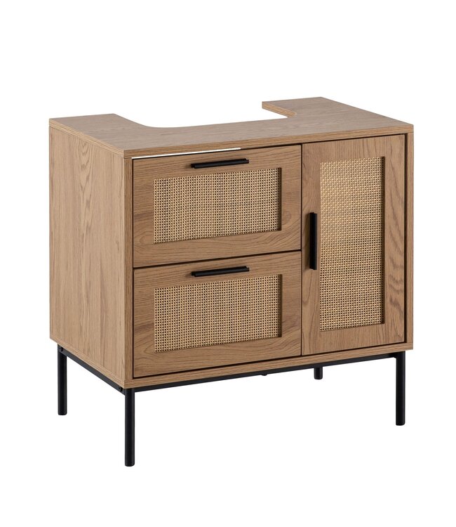 Wohnling wastafelonderkast eiken look 60x60x40 cm met deur en laden, badkamerkast met rotanweefsel, staande onderkast, badkamerkast midikast kleine wastafel
