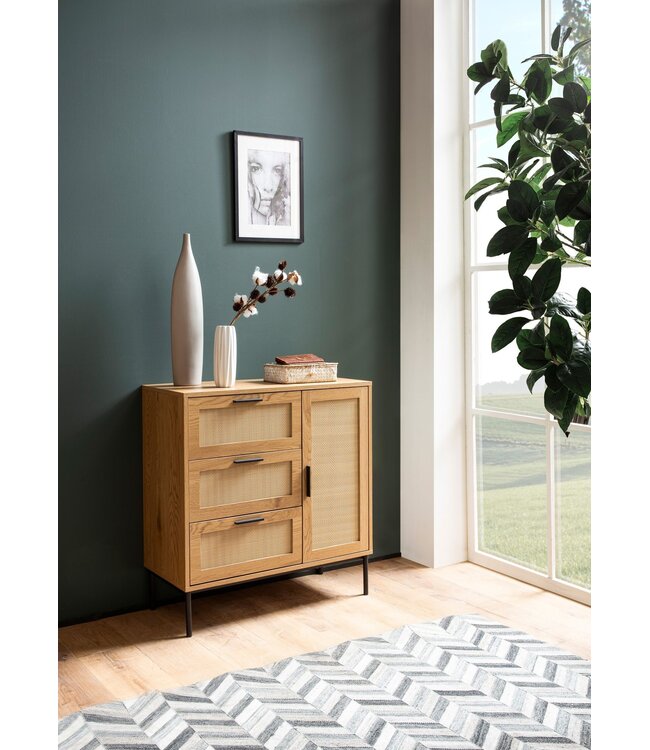 Wohnling ladekast 80x82x36 cm hal ladekast eiken decor & rotan, dressoir met drie laden en deur, ladekast modern, staande kast dressoir ladekast