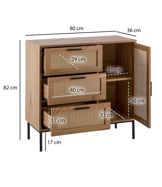 Wohnling ladekast 80x82x36 cm hal ladekast eiken decor & rotan, dressoir met drie laden en deur, ladekast modern, staande kast dressoir ladekast