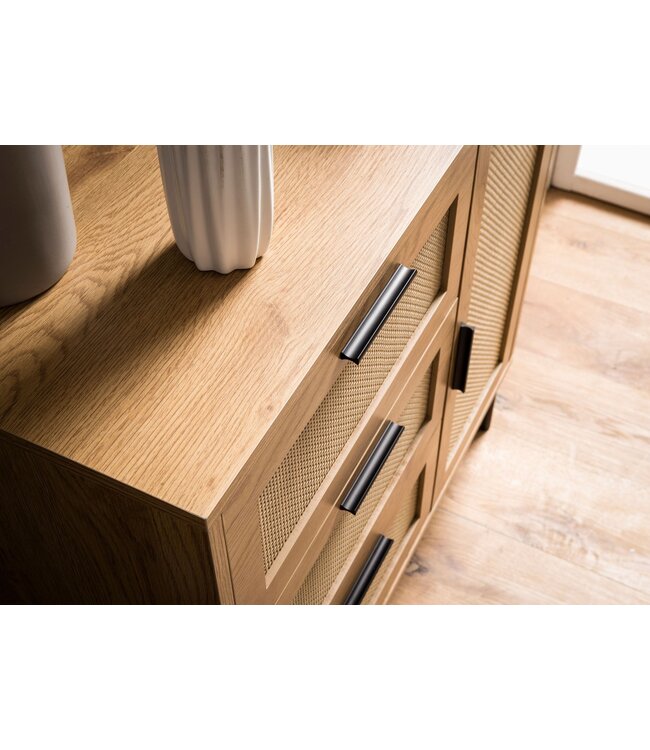 Wohnling ladekast 80x82x36 cm hal ladekast eiken decor & rotan, dressoir met drie laden en deur, ladekast modern, staande kast dressoir ladekast