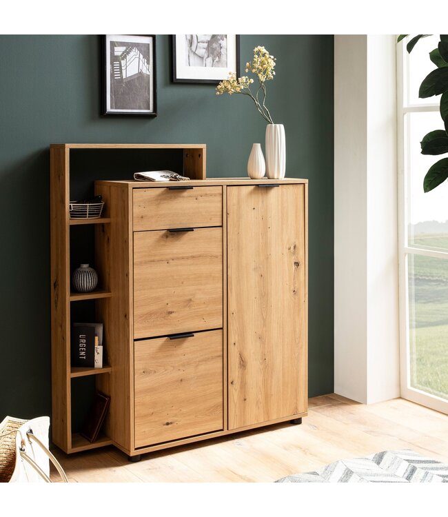 Wohnling schoenenkast eiken decor 98x110x30 cm schoenenkantelaar gesloten, schoenenkast met lade modern, halkast met plank en opbergruimte, schoenenopslag hal ladekast voor schoenen hoog