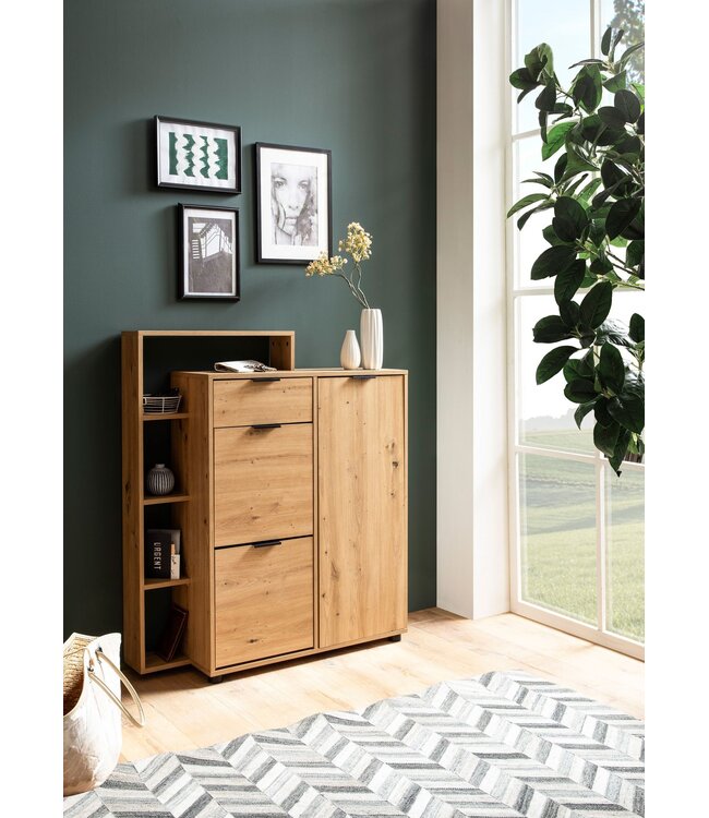 Wohnling schoenenkast eiken decor 98x110x30 cm schoenenkantelaar gesloten, schoenenkast met lade modern, halkast met plank en opbergruimte, schoenenopslag hal ladekast voor schoenen hoog