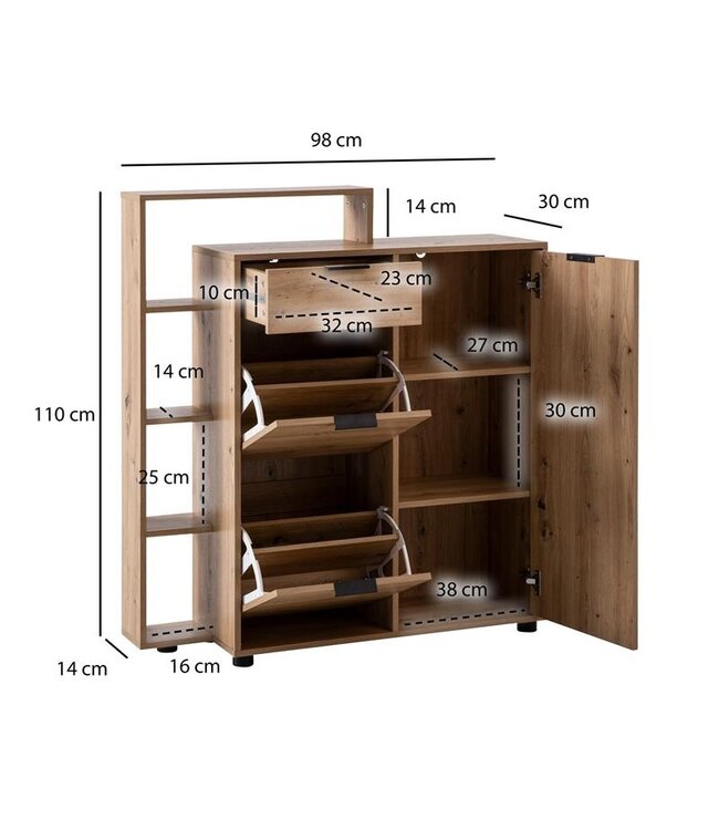 Wohnling schoenenkast eiken decor 98x110x30 cm schoenenkantelaar gesloten, schoenenkast met lade modern, halkast met plank en opbergruimte, schoenenopslag hal ladekast voor schoenen hoog