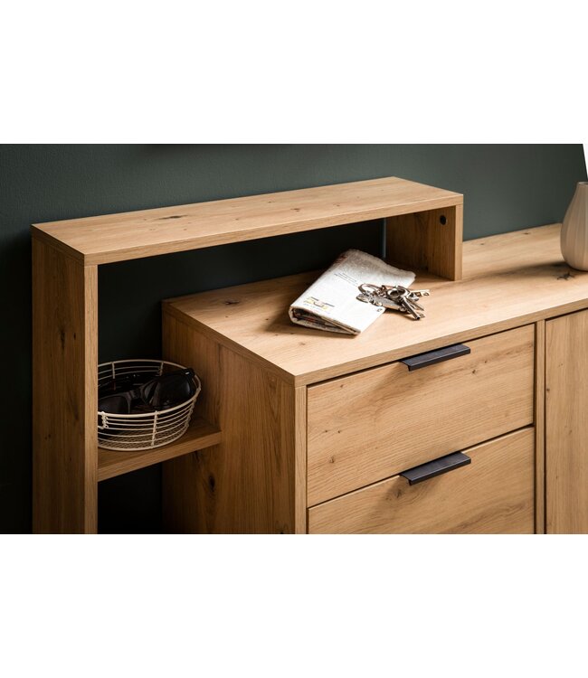 Wohnling schoenenkast eiken decor 98x110x30 cm schoenenkantelaar gesloten, schoenenkast met lade modern, halkast met plank en opbergruimte, schoenenopslag hal ladekast voor schoenen hoog