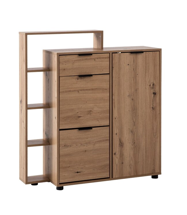 Wohnling schoenenkast eiken decor 98x110x30 cm schoenenkantelaar gesloten, schoenenkast met lade modern, halkast met plank en opbergruimte, schoenenopslag hal ladekast voor schoenen hoog