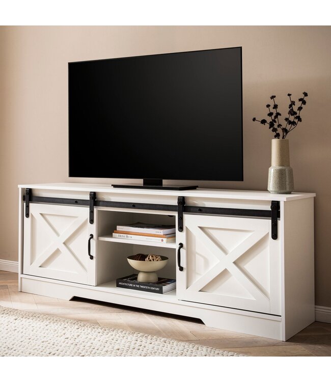 Wohnling Lowboard Wit 150x59.5x39.5 cm TV-meubel Landhuis Stijl Modern, Design TV-meubel Hoog, TV-tafel TV-meubel met Twee Schuifdeuren, TV-meubel Woonkamer