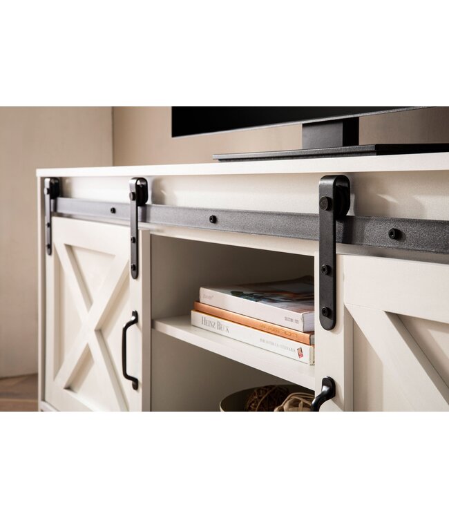 Wohnling Lowboard Wit 150x59.5x39.5 cm TV-meubel Landhuis Stijl Modern, Design TV-meubel Hoog, TV-tafel TV-meubel met Twee Schuifdeuren, TV-meubel Woonkamer