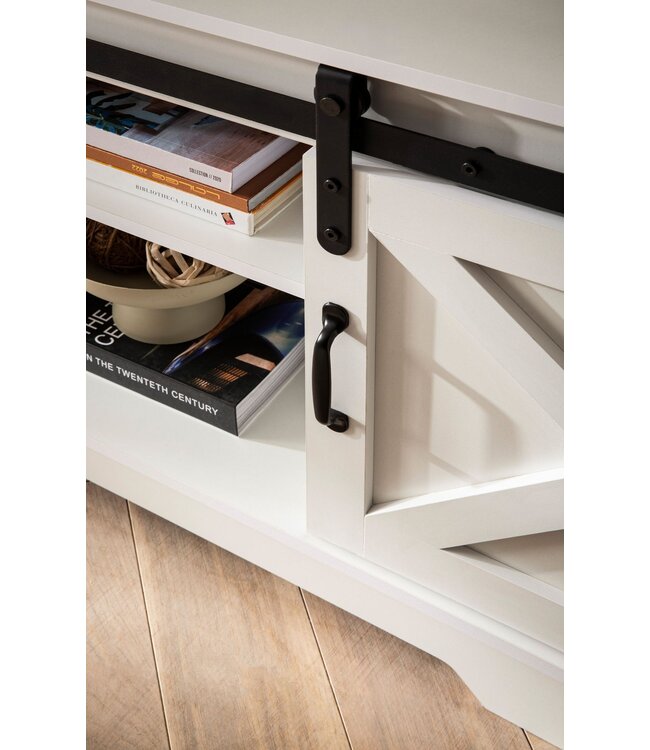 Wohnling Lowboard Wit 150x59.5x39.5 cm TV-meubel Landhuis Stijl Modern, Design TV-meubel Hoog, TV-tafel TV-meubel met Twee Schuifdeuren, TV-meubel Woonkamer