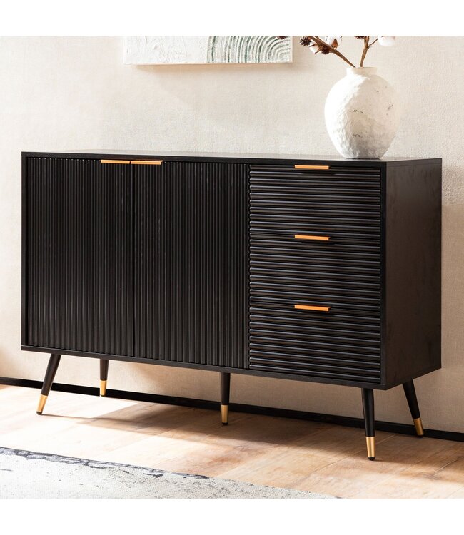 Wohnling Dressoir 120x80x40 cm Dressoir Zwart met Eiken Decor, Ladekast met deuren en laden, Ladekast Halkast Modern, Staande Kast Woonkamer Metalen Poten