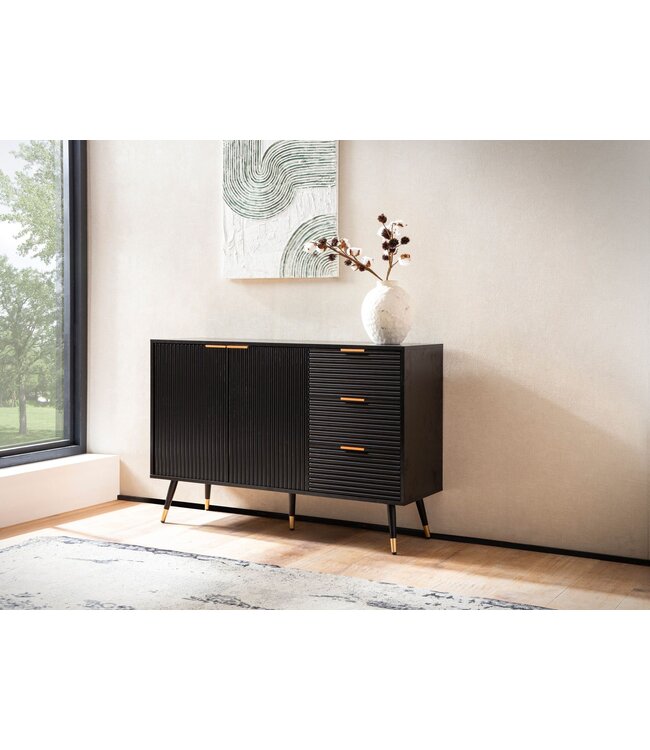 Wohnling Dressoir 120x80x40 cm Dressoir Zwart met Eiken Decor, Ladekast met deuren en laden, Ladekast Halkast Modern, Staande Kast Woonkamer Metalen Poten