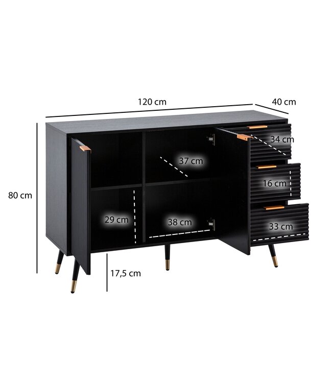 Wohnling Dressoir 120x80x40 cm Dressoir Zwart met Eiken Decor, Ladekast met deuren en laden, Ladekast Halkast Modern, Staande Kast Woonkamer Metalen Poten