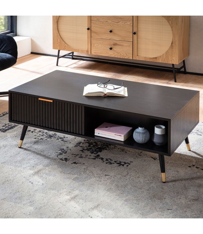 Wohnling salontafel 110x60x43 cm zwart met eiken decor woonkamertafel, salontafel rechthoekig met opbergruimte, salontafel met laden, tafel woonkamer met metalen poten