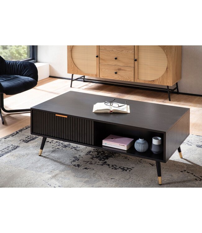 Wohnling salontafel 110x60x43 cm zwart met eiken decor woonkamertafel, salontafel rechthoekig met opbergruimte, salontafel met laden, tafel woonkamer met metalen poten