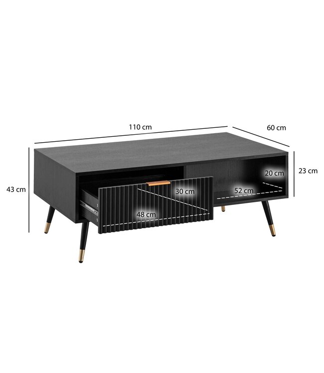 Wohnling salontafel 110x60x43 cm zwart met eiken decor woonkamertafel, salontafel rechthoekig met opbergruimte, salontafel met laden, tafel woonkamer met metalen poten