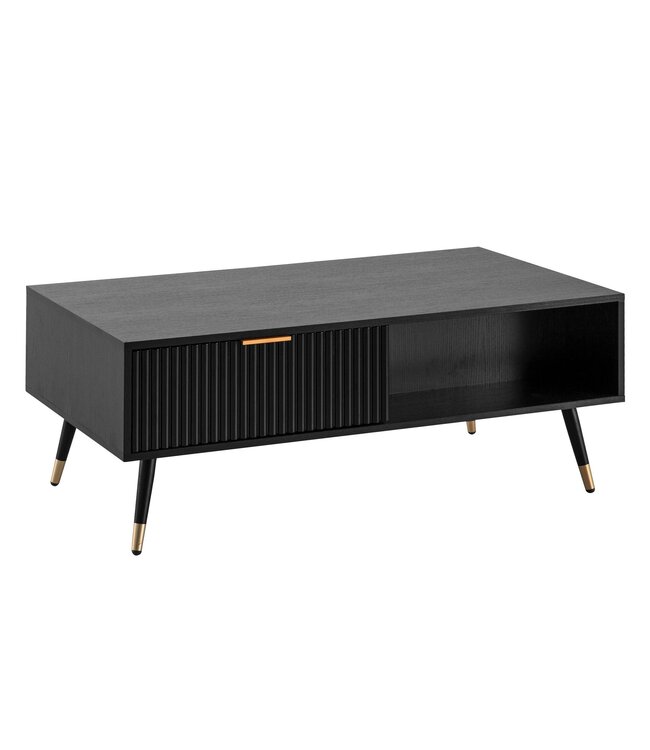 Wohnling salontafel 110x60x43 cm zwart met eiken decor woonkamertafel, salontafel rechthoekig met opbergruimte, salontafel met laden, tafel woonkamer met metalen poten