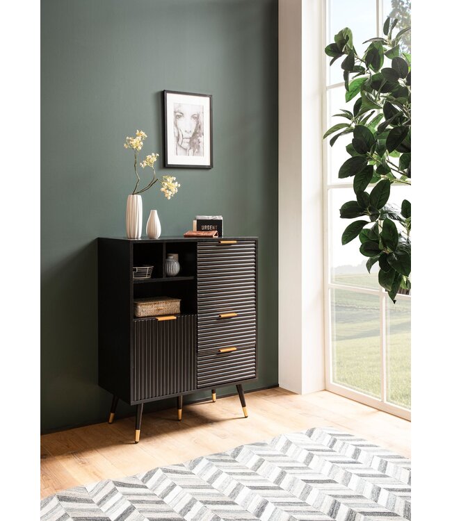 Wohnling dressoir 77x97x40 cm dressoir zwart met eiken decor, ladekast met deuren en lades, ladekast halkast met plank modern, staande kast woonkamer metalen poten