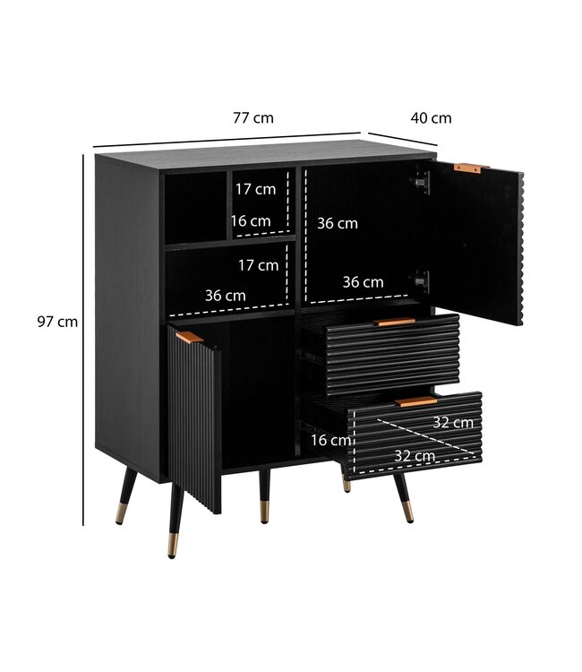Wohnling dressoir 77x97x40 cm dressoir zwart met eiken decor, ladekast met deuren en lades, ladekast halkast met plank modern, staande kast woonkamer metalen poten