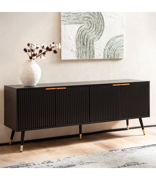 Wohnling Lowboard Zwart met eiken decor 150x60x39 cm TV-kast Modern, design TV-kast hoog, TV-tafel TV-kast met deuren, TV-kast woonkamer