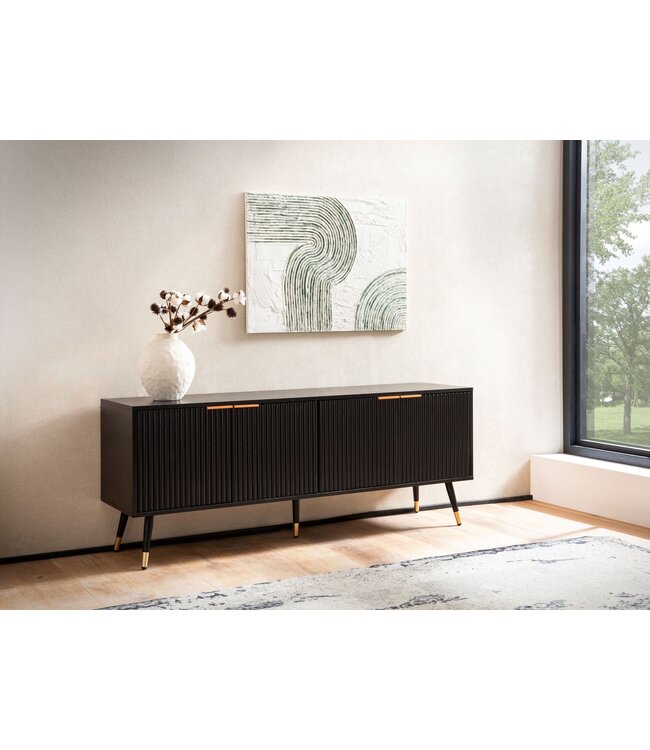 Wohnling Lowboard Zwart met eiken decor 150x60x39 cm TV-kast Modern, design TV-kast hoog, TV-tafel TV-kast met deuren, TV-kast woonkamer