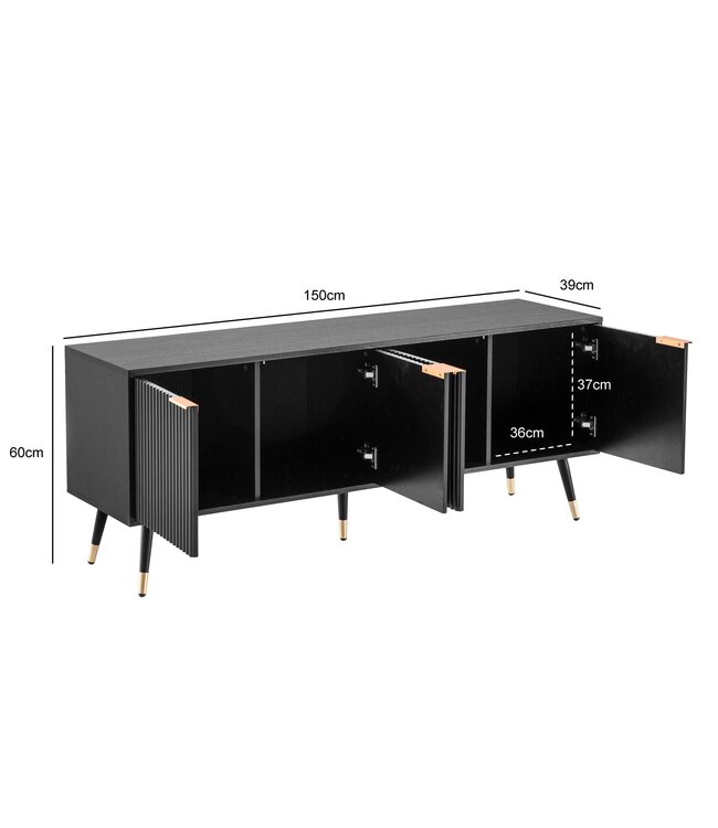 Wohnling Lowboard Zwart met eiken decor 150x60x39 cm TV-kast Modern, design TV-kast hoog, TV-tafel TV-kast met deuren, TV-kast woonkamer