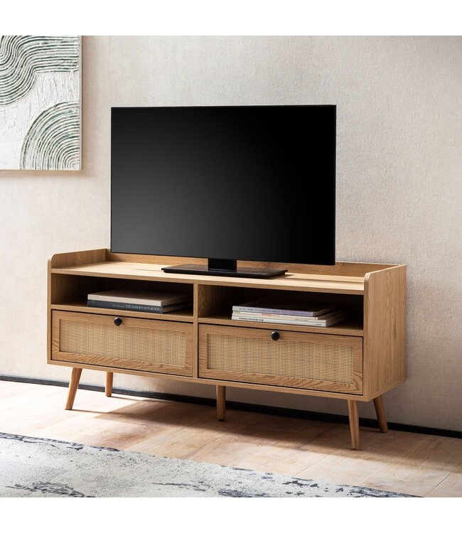 Wohnling Lowboard 120x56x39 cm TV-kast met eiken decor & rotan, design TV-kast hoog met laden, TV-tafel TV-kast opbergruimte, TV-kast woonkamer