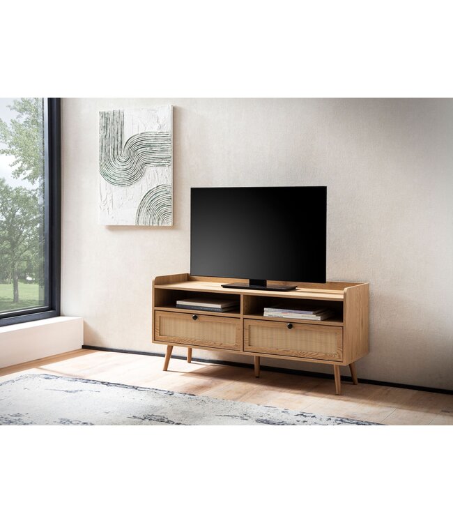 Wohnling Lowboard 120x56x39 cm TV-kast met eiken decor & rotan, design TV-kast hoog met laden, TV-tafel TV-kast opbergruimte, TV-kast woonkamer