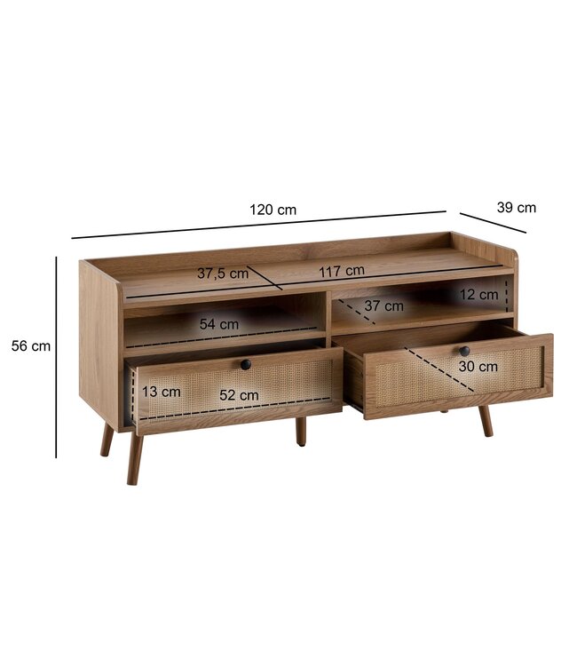 Wohnling Lowboard 120x56x39 cm TV-kast met eiken decor & rotan, design TV-kast hoog met laden, TV-tafel TV-kast opbergruimte, TV-kast woonkamer