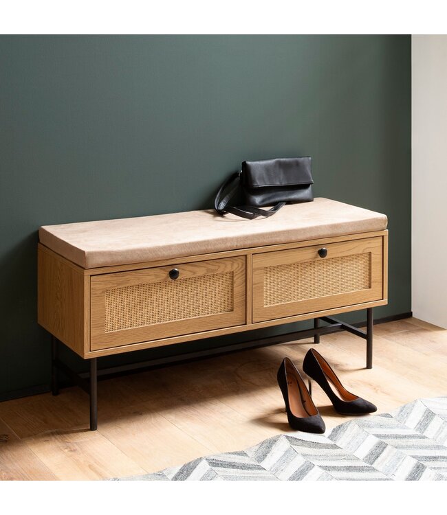 Wohnling schoenenbank met stoffen zitting 100x48x38 cm garderobebank eiken decor, rotan bank klein gestoffeerd, smalle gangbank met opbergruimte, gangbank gangmeubel met laden