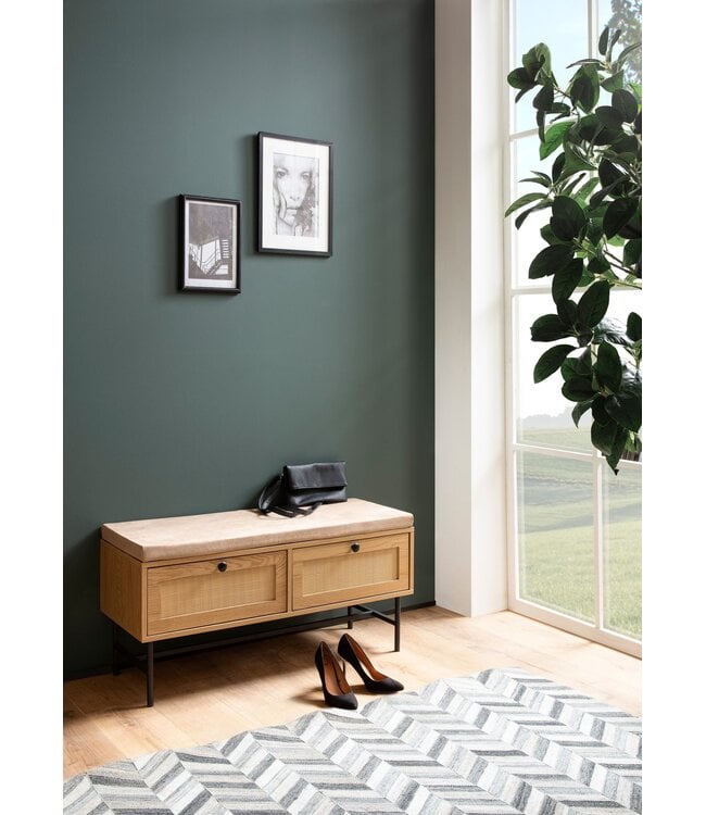 Wohnling schoenenbank met stoffen zitting 100x48x38 cm garderobebank eiken decor, rotan bank klein gestoffeerd, smalle gangbank met opbergruimte, gangbank gangmeubel met laden