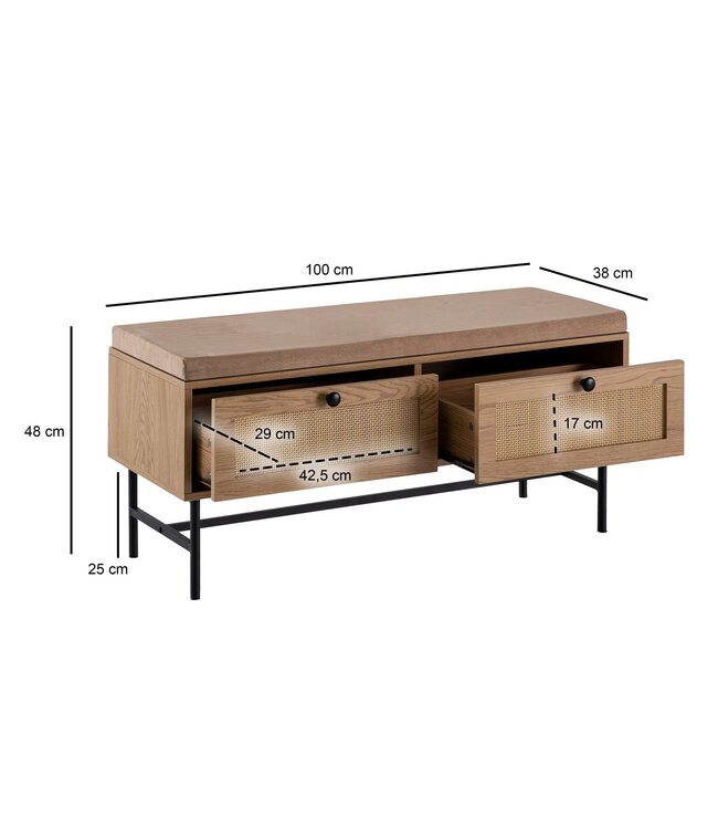 Wohnling schoenenbank met stoffen zitting 100x48x38 cm garderobebank eiken decor, rotan bank klein gestoffeerd, smalle gangbank met opbergruimte, gangbank gangmeubel met laden
