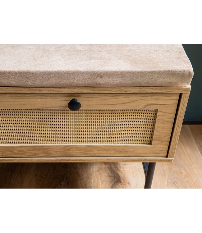 Wohnling schoenenbank met stoffen zitting 100x48x38 cm garderobebank eiken decor, rotan bank klein gestoffeerd, smalle gangbank met opbergruimte, gangbank gangmeubel met laden