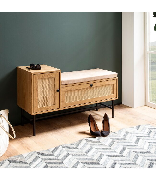 Wohnling schoenenbank met zitting 100x60x38 cm garderobebank eiken decor, rotan bank klein gestoffeerd, smalle gangbank met opbergruimte, gangbank gangmeubel met lade en deur
