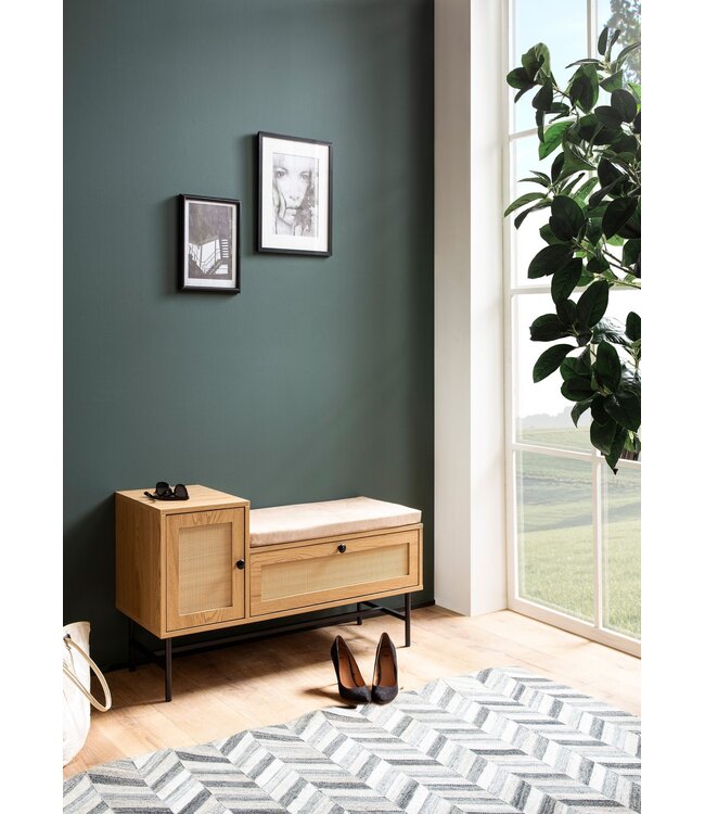 Wohnling schoenenbank met zitting 100x60x38 cm garderobebank eiken decor, rotan bank klein gestoffeerd, smalle gangbank met opbergruimte, gangbank gangmeubel met lade en deur