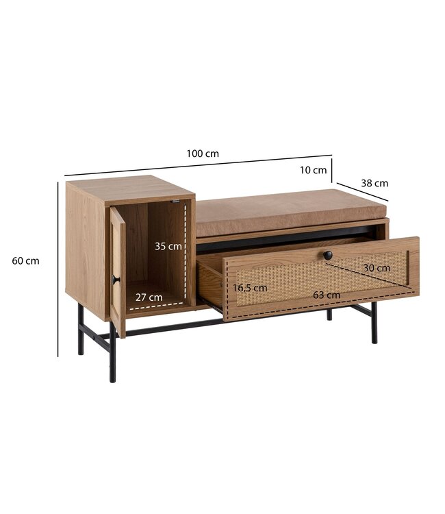 Wohnling schoenenbank met zitting 100x60x38 cm garderobebank eiken decor, rotan bank klein gestoffeerd, smalle gangbank met opbergruimte, gangbank gangmeubel met lade en deur