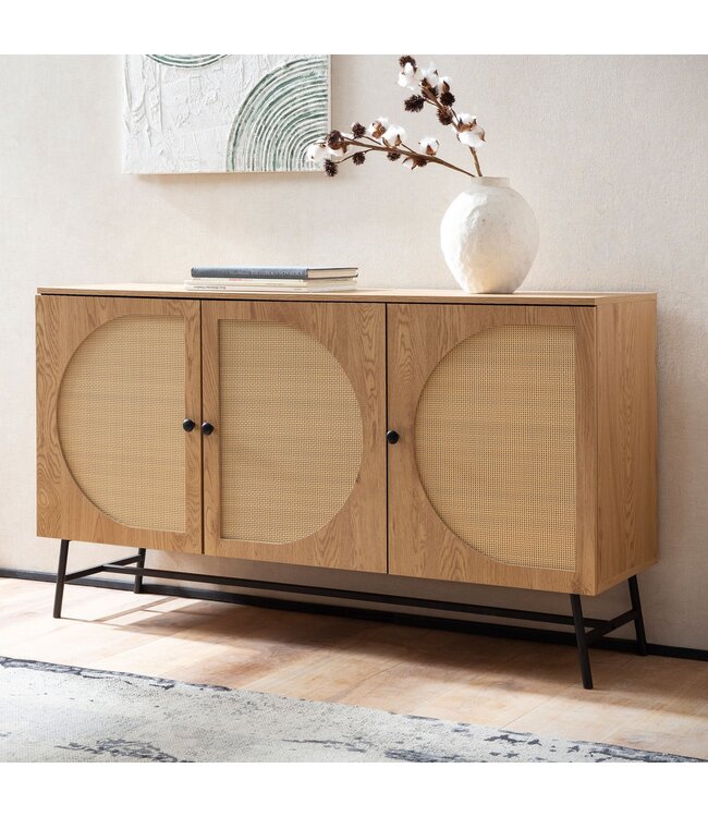 Wohnling Dressoir 140x80x39 cm ladekast eiken decor met rotanweefsel moderne, hoge ladekast, staande kast met 3 deuren, dressoir woonkamer