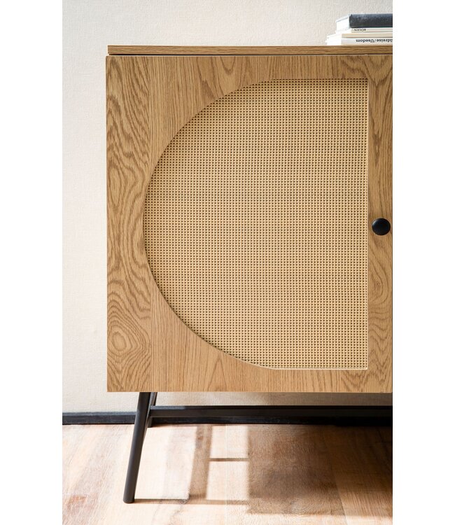 Wohnling Dressoir 140x80x39 cm ladekast eiken decor met rotanweefsel moderne, hoge ladekast, staande kast met 3 deuren, dressoir woonkamer