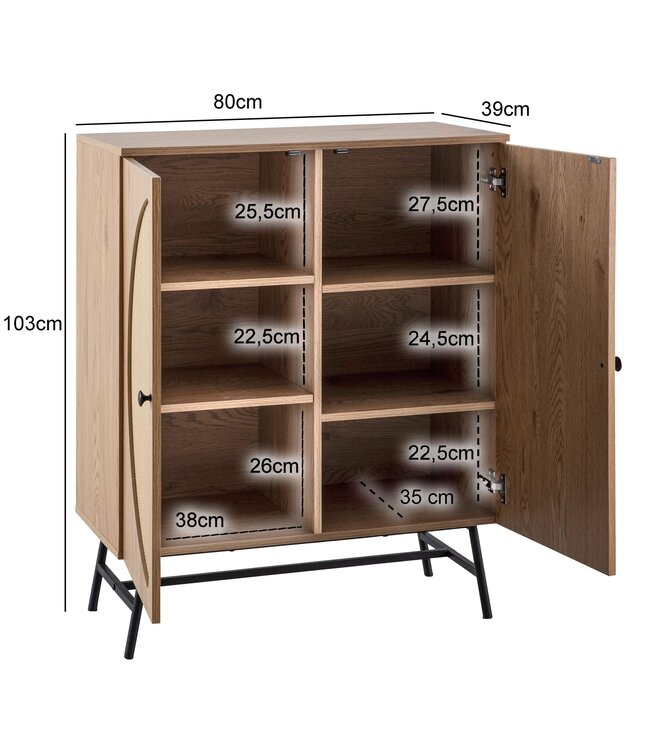 Wohnling Dressoir 80x103x39 cm Hoge kast eiken decor met rotanweefsel Moderne, hoge ladekast, staande kast met 2 deuren, ladekast Dressoir woonkamer