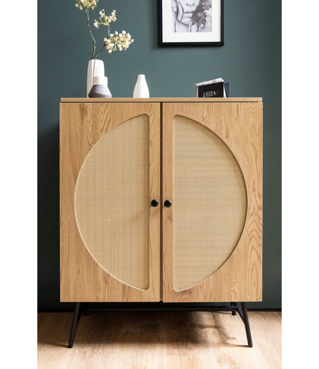Wohnling Dressoir 80x103x39 cm Hoge kast eiken decor met rotanweefsel Moderne, hoge ladekast, staande kast met 2 deuren, ladekast Dressoir woonkamer