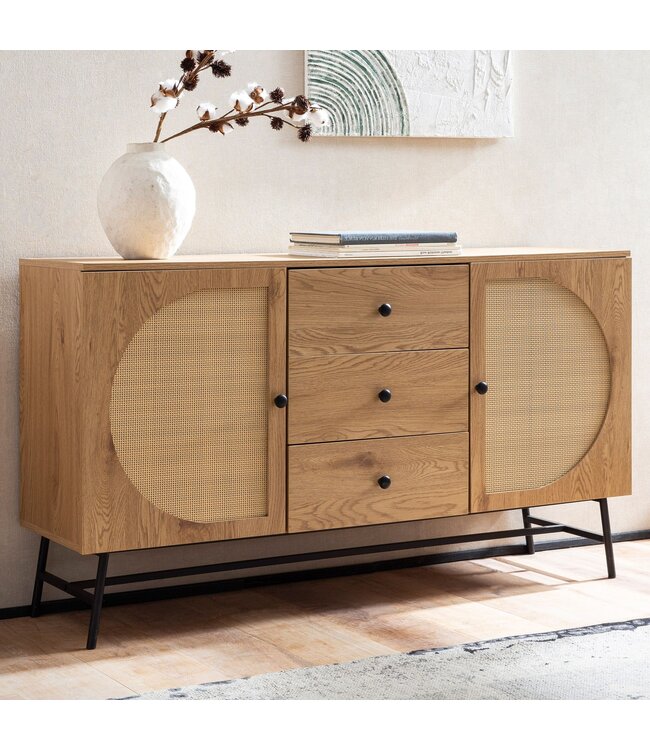 Wohnling dressoir 140x80x40 cm ladekast eiken decor met rotanweefsel moderne, hoge ladekast, staande kast met 2 deuren en 3 laden, dressoir woonkamer
