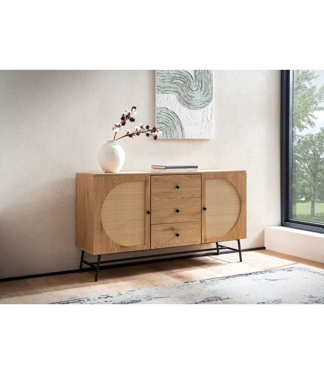 Wohnling dressoir 140x80x40 cm ladekast eiken decor met rotanweefsel moderne, hoge ladekast, staande kast met 2 deuren en 3 laden, dressoir woonkamer